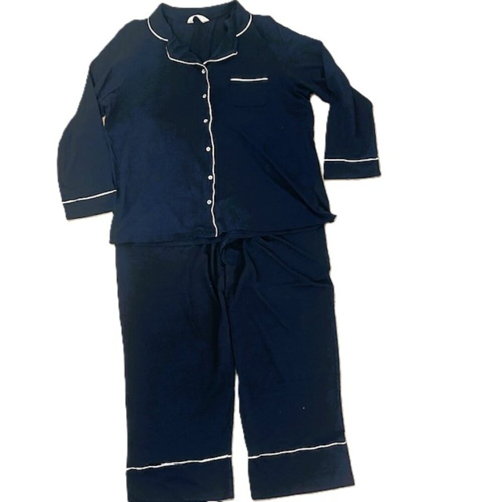 M & S Ladies PJs Large Navy Blue White Trim Read
